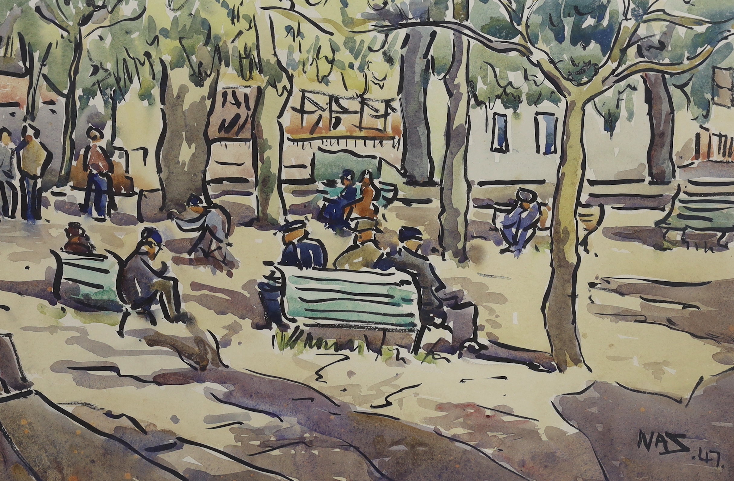 Two mid 20th century ink and watercolours, Park scene with seated figures and Rural landscape, each monogrammed NAZ, 55 x 36cm